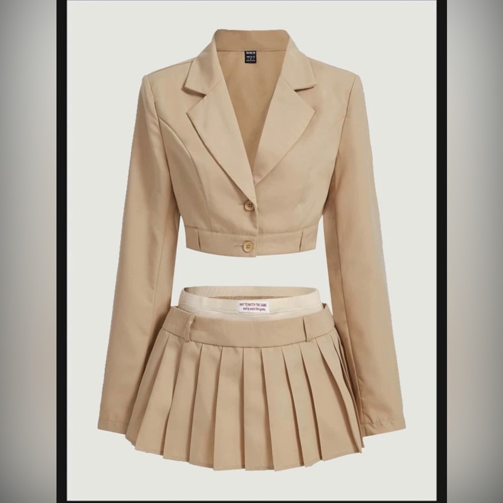 Shein- Western CowGirl Solid Lapel neck crop Blazer & Pleaded Skirt
